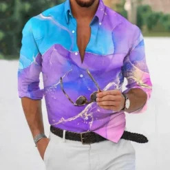 OUKU Men's Marble Gradient Color Shirt Button Up Shirt Casual Dress Shirt Long Sleeve Fashion Casual Vacation Daily Streetwear Summer Spring Turndown 3D Print Collared Shirts Blue Purple Green