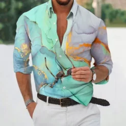 OUKU Men's Marble Gradient Color Shirt Button Up Shirt Casual Dress Shirt Long Sleeve Fashion Casual Vacation Daily Streetwear Summer Spring Turndown 3D Print Collared Shirts Blue Purple Green