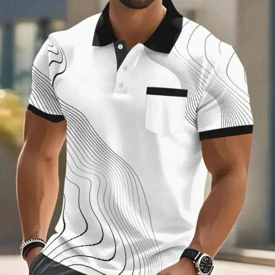 OUKU Men's Marble Line Polo Short Sleeve Polo Shirts Collared Shirts Business Casual Outdoor Business Athleisure Daily Wear Buttons Pocket 3D Print Summer Black Light Brown Blue