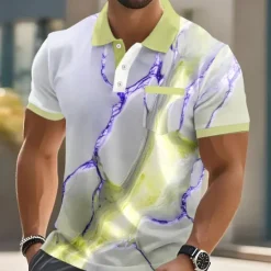 Best OUKU Men's Marble Polo Short Sleeve Polo Shirts Collared Shirts Business Casual Outdoor Athleisure Daily Wear 3D Print Buttons Summer Blue Purple Gold
