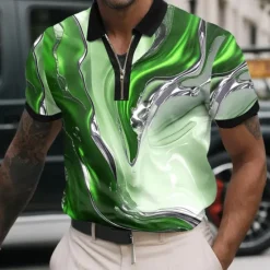 Hot OUKU Men's Marble Zip Polo Shirts Short Sleeve Polo Shirts Collared Shirts Casual Athleisure Daily Wear 3D Print Summer Red Blue Green