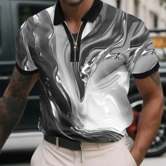 Hot OUKU Men's Marble Zip Polo Shirts Short Sleeve Polo Shirts Collared Shirts Casual Athleisure Daily Wear 3D Print Summer Red Blue Green