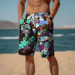 Hot OUKU Men's Mask Indian Culture Flower / Floral Sweat Shorts Beach Shorts Terry Shorts Mid Waist Hawaiian Ethnic Daily Holiday Streetwear Drawstring Elastic Waist 3D Print Designer Clothing Apparel