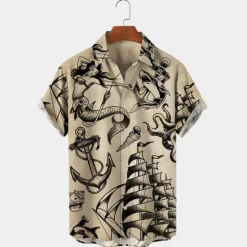Sale OUKU Men's Mermaid Anchor Shirt Button Up Shirt Short Sleeve Vintage Fashion Designer Outdoor Daily Holiday Summer Spring Turndown Print Button-Down White Blue Sky Blue Green Khaki
