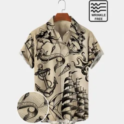 Sale OUKU Men's Mermaid Anchor Shirt Button Up Shirt Short Sleeve Vintage Fashion Designer Outdoor Daily Holiday Summer Spring Turndown Print Button-Down White Blue Sky Blue Green Khaki