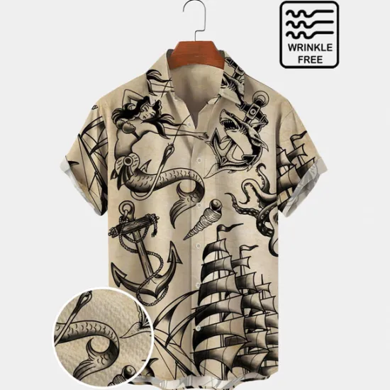 Sale OUKU Men's Mermaid Anchor Shirt Button Up Shirt Short Sleeve Vintage Fashion Designer Outdoor Daily Holiday Summer Spring Turndown Print Button-Down White Blue Sky Blue Green Khaki