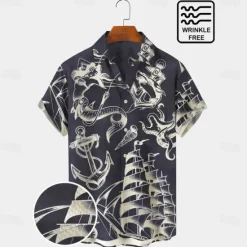 Sale OUKU Men's Mermaid Anchor Shirt Button Up Shirt Short Sleeve Vintage Fashion Designer Outdoor Daily Holiday Summer Spring Turndown Print Button-Down White Blue Sky Blue Green Khaki
