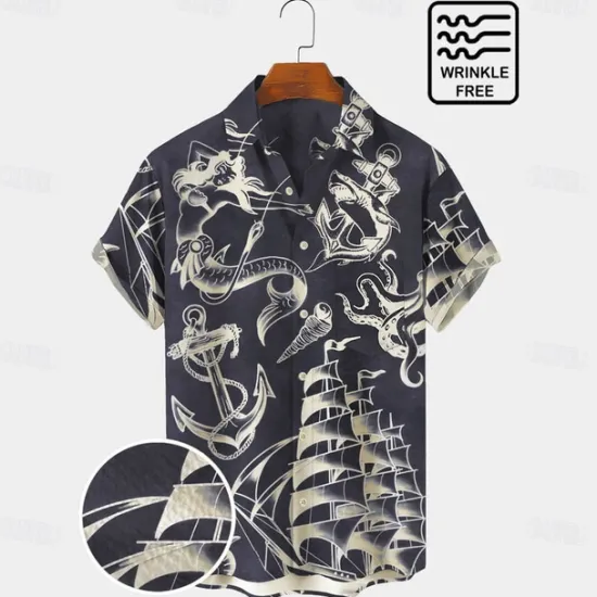 Sale OUKU Men's Mermaid Anchor Shirt Button Up Shirt Short Sleeve Vintage Fashion Designer Outdoor Daily Holiday Summer Spring Turndown Print Button-Down White Blue Sky Blue Green Khaki