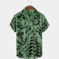 Sale OUKU Men's Mermaid Anchor Shirt Button Up Shirt Short Sleeve Vintage Fashion Designer Outdoor Daily Holiday Summer Spring Turndown Print Button-Down White Blue Sky Blue Green Khaki