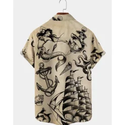 Sale OUKU Men's Mermaid Anchor Shirt Button Up Shirt Short Sleeve Vintage Fashion Designer Outdoor Daily Holiday Summer Spring Turndown Print Button-Down White Blue Sky Blue Green Khaki
