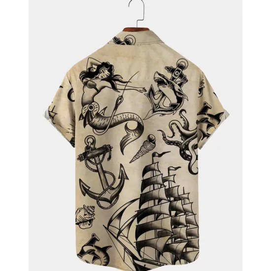 Sale OUKU Men's Mermaid Anchor Shirt Button Up Shirt Short Sleeve Vintage Fashion Designer Outdoor Daily Holiday Summer Spring Turndown Print Button-Down White Blue Sky Blue Green Khaki