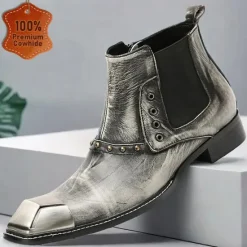 Best OUKU Men's Metallic Silver Leather Chelsea Motorcycle Boots – Pointed Toe Ankle Boots with Studded Detailing and Metal Toe Cap Gray