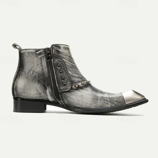 Best OUKU Men's Metallic Silver Leather Chelsea Motorcycle Boots – Pointed Toe Ankle Boots with Studded Detailing and Metal Toe Cap Gray
