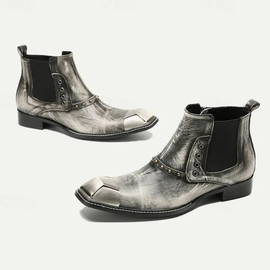 Best OUKU Men's Metallic Silver Leather Chelsea Motorcycle Boots – Pointed Toe Ankle Boots with Studded Detailing and Metal Toe Cap Gray
