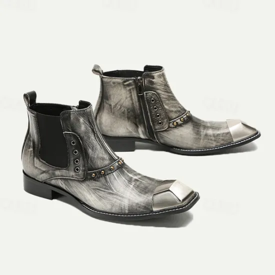 Best OUKU Men's Metallic Silver Leather Chelsea Motorcycle Boots – Pointed Toe Ankle Boots with Studded Detailing and Metal Toe Cap Gray
