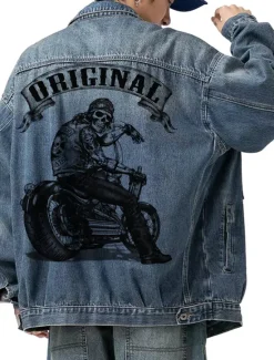 Hot OUKU Men's Motorcycle Skulls Coat Jean Jacket Denim Jacket Breathable Comfortable Casual Sports & Outdoor Going out Weekend Buttons Print Fall & Winter Turndown Long Sleeve Black Blue
