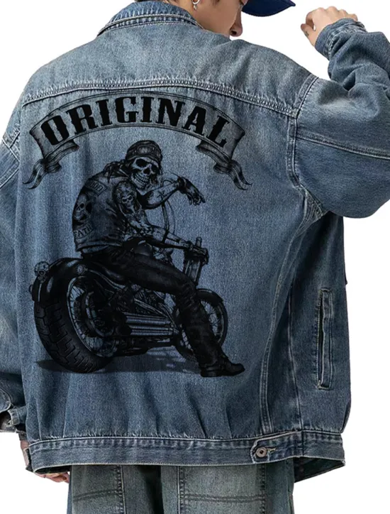 Hot OUKU Men's Motorcycle Skulls Coat Jean Jacket Denim Jacket Breathable Comfortable Casual Sports & Outdoor Going out Weekend Buttons Print Fall & Winter Turndown Long Sleeve Black Blue