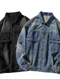 Hot OUKU Men's Motorcycle Skulls Coat Jean Jacket Denim Jacket Breathable Comfortable Casual Sports & Outdoor Going out Weekend Buttons Print Fall & Winter Turndown Long Sleeve Black Blue