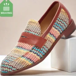 Clearance OUKU Men's Multicolor Woven Penny Loafers – Vintage Nylon Knit Slip-On Dress Shoes for Smart Casual Outfits Red Brown