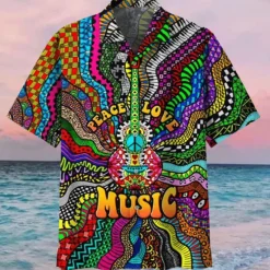 Outlet OUKU Men's Music Hippie Shirt Summer Hawaiian Shirt Button Up Shirt Short Sleeve Sports Fashion Streetwear Outdoor Casual Hawaiian Summer Spring Cuban Collar Print Blue Purple Rainbow