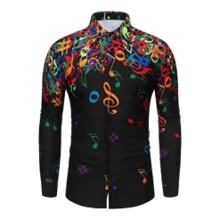 Clearance OUKU Men's Music Notes Button Up Shirt Long Sleeve Hawaiian Casual Beach Vacation Daily Summer Spring Fall Collar Print Black White Yellow Blue