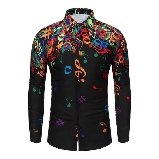 Clearance OUKU Men's Music Notes Button Up Shirt Long Sleeve Hawaiian Casual Beach Vacation Daily Summer Spring Fall Collar Print Black White Yellow Blue