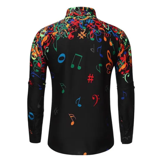 Clearance OUKU Men's Music Notes Button Up Shirt Long Sleeve Hawaiian Casual Beach Vacation Daily Summer Spring Fall Collar Print Black White Yellow Blue