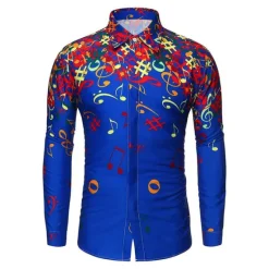 Clearance OUKU Men's Music Notes Button Up Shirt Long Sleeve Hawaiian Casual Beach Vacation Daily Summer Spring Fall Collar Print Black White Yellow Blue