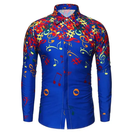 Clearance OUKU Men's Music Notes Button Up Shirt Long Sleeve Hawaiian Casual Beach Vacation Daily Summer Spring Fall Collar Print Black White Yellow Blue