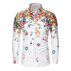 Clearance OUKU Men's Music Notes Button Up Shirt Long Sleeve Hawaiian Casual Beach Vacation Daily Summer Spring Fall Collar Print Black White Yellow Blue