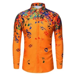 Clearance OUKU Men's Music Notes Button Up Shirt Long Sleeve Hawaiian Casual Beach Vacation Daily Summer Spring Fall Collar Print Black White Yellow Blue