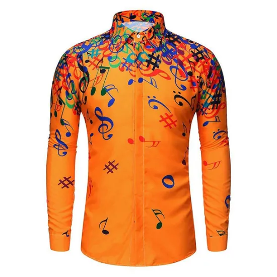 Clearance OUKU Men's Music Notes Button Up Shirt Long Sleeve Hawaiian Casual Beach Vacation Daily Summer Spring Fall Collar Print Black White Yellow Blue