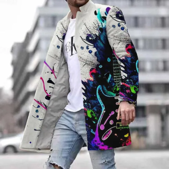 Clearance OUKU Men's Musical Instrument Winter Coat Overcoat Jacket Warm Comfortable Casual Party Evening Wear Daily Wear Buttons 3D Print Front Pocket Fall & Winter Turndown Long Sleeve Ink Blue