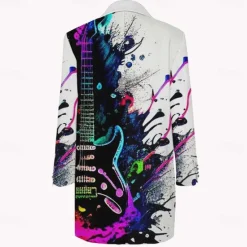 Clearance OUKU Men's Musical Instrument Winter Coat Overcoat Jacket Warm Comfortable Casual Party Evening Wear Daily Wear Buttons 3D Print Front Pocket Fall & Winter Turndown Long Sleeve Ink Blue