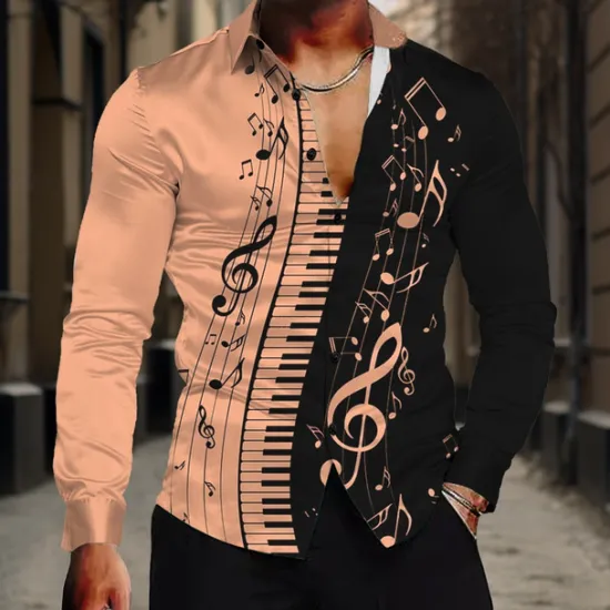 Best OUKU Men's Musical Notes Shirt Button Up Shirt Long Sleeve Casual Formal Summer Spring Fall Turndown Buttons Print White Blue Purple Apricot