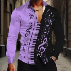 Best OUKU Men's Musical Notes Shirt Button Up Shirt Long Sleeve Casual Formal Summer Spring Fall Turndown Buttons Print White Blue Purple Apricot