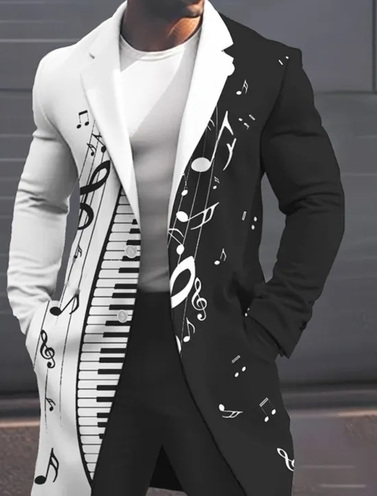 Sale OUKU Men's Musical Notes Winter Coat Overcoat Coat Warm Breathable Comfortable Fashion Streetwear Business Work Wear to work Going out Pocket Print Fall & Winter Turndown Long Sleeve Black White Sky Blue