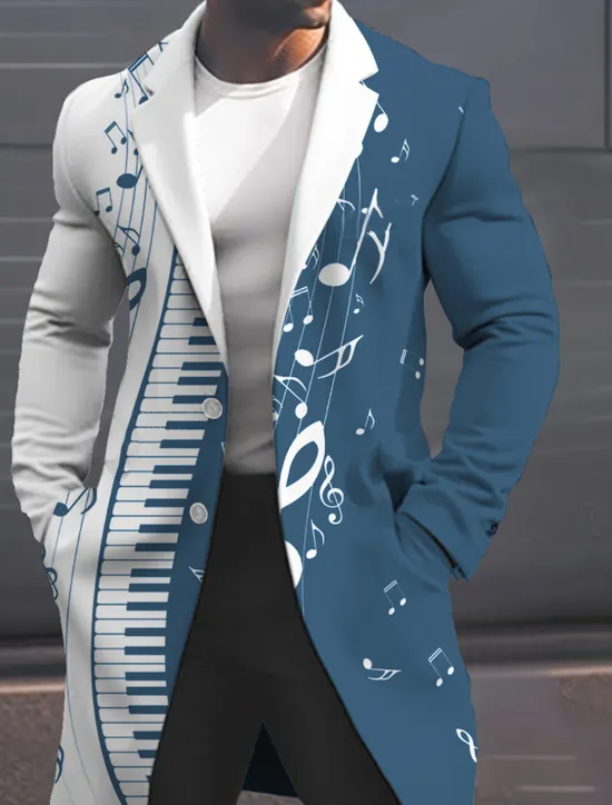 Sale OUKU Men's Musical Notes Winter Coat Overcoat Coat Warm Breathable Comfortable Fashion Streetwear Business Work Wear to work Going out Pocket Print Fall & Winter Turndown Long Sleeve Black White Sky Blue