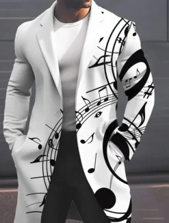 Sale OUKU Men's Musical Notes Winter Coat Overcoat Coat Warm Breathable Comfortable Fashion Streetwear Business Work Wear to work Going out Pocket Print Fall & Winter Turndown Long Sleeve Black White Sky Blue