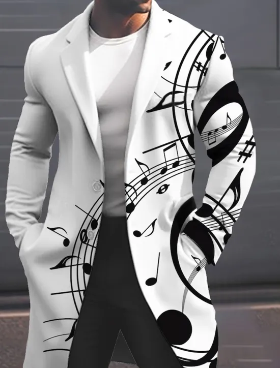 Sale OUKU Men's Musical Notes Winter Coat Overcoat Coat Warm Breathable Comfortable Fashion Streetwear Business Work Wear to work Going out Pocket Print Fall & Winter Turndown Long Sleeve Black White Sky Blue