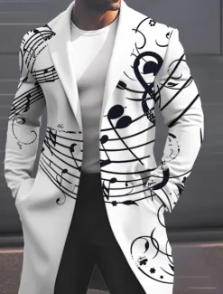 Sale OUKU Men's Musical Notes Winter Coat Overcoat Coat Warm Breathable Comfortable Fashion Streetwear Business Work Wear to work Going out Pocket Print Fall & Winter Turndown Long Sleeve Black White Sky Blue