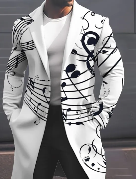 Sale OUKU Men's Musical Notes Winter Coat Overcoat Coat Warm Breathable Comfortable Fashion Streetwear Business Work Wear to work Going out Pocket Print Fall & Winter Turndown Long Sleeve Black White Sky Blue
