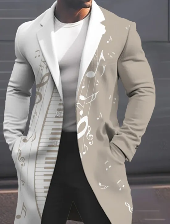 Sale OUKU Men's Musical Notes Winter Coat Overcoat Coat Warm Breathable Comfortable Fashion Streetwear Business Work Wear to work Going out Pocket Print Fall & Winter Turndown Long Sleeve Black White Sky Blue