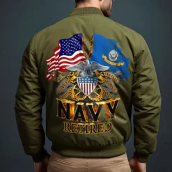 New OUKU Men's National Flag Bomber Jacket Coat Outdoor Sports Vintage Casual Daily Wear Vacation Going out Printing Denim Fall & Winter Standing Collar Long Sleeve Black Red Army Green