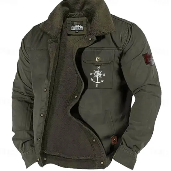 Best OUKU Men's Nautical Compass Print Embroidered Fleece Jacket Sherpa Trucker Jacket Work Cargo Jacket Turn-Down Collar Warm Winter Cotton Jacket Vintage Casual Going Out Coat Multi-Pockets
