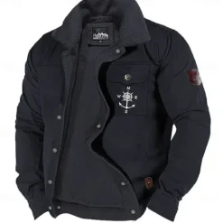 Best OUKU Men's Nautical Compass Print Embroidered Fleece Jacket Sherpa Trucker Jacket Work Cargo Jacket Turn-Down Collar Warm Winter Cotton Jacket Vintage Casual Going Out Coat Multi-Pockets
