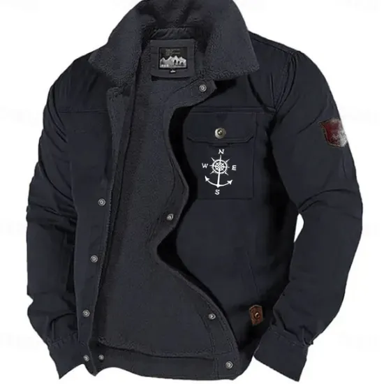 Best OUKU Men's Nautical Compass Print Embroidered Fleece Jacket Sherpa Trucker Jacket Work Cargo Jacket Turn-Down Collar Warm Winter Cotton Jacket Vintage Casual Going Out Coat Multi-Pockets