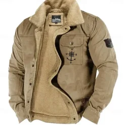 Best OUKU Men's Nautical Compass Print Embroidered Fleece Jacket Sherpa Trucker Jacket Work Cargo Jacket Turn-Down Collar Warm Winter Cotton Jacket Vintage Casual Going Out Coat Multi-Pockets