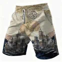 Online OUKU Men's Nautical Compass Sailboat Shorts Summer Shorts Casual Shorts Mid Waist Streetwear Hawaiian Retro Vintage Casual Daily Holiday Pocket Drawstring Elastic Waist Designer Clothing Apparel