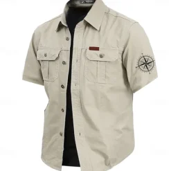 OUKU Men's Nautical Compass Work Shirt Western Shirt Cargo Shirt Short Sleeve Casual Tactical Sports Outdoor WorkWear Summer Spring Turndown Front Two Pockets Cotton Button Up Shirts Army Green Khaki Dark